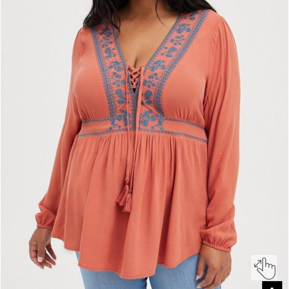 Torrid Babydoll Rayon Crepe Embroidered Lace-Up Top